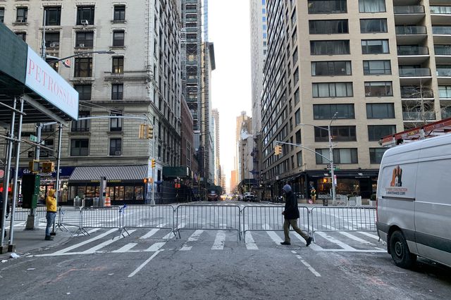 A view of a Midtown street near Columbus Circle that has been blocked off with police barricades due to falling ice.